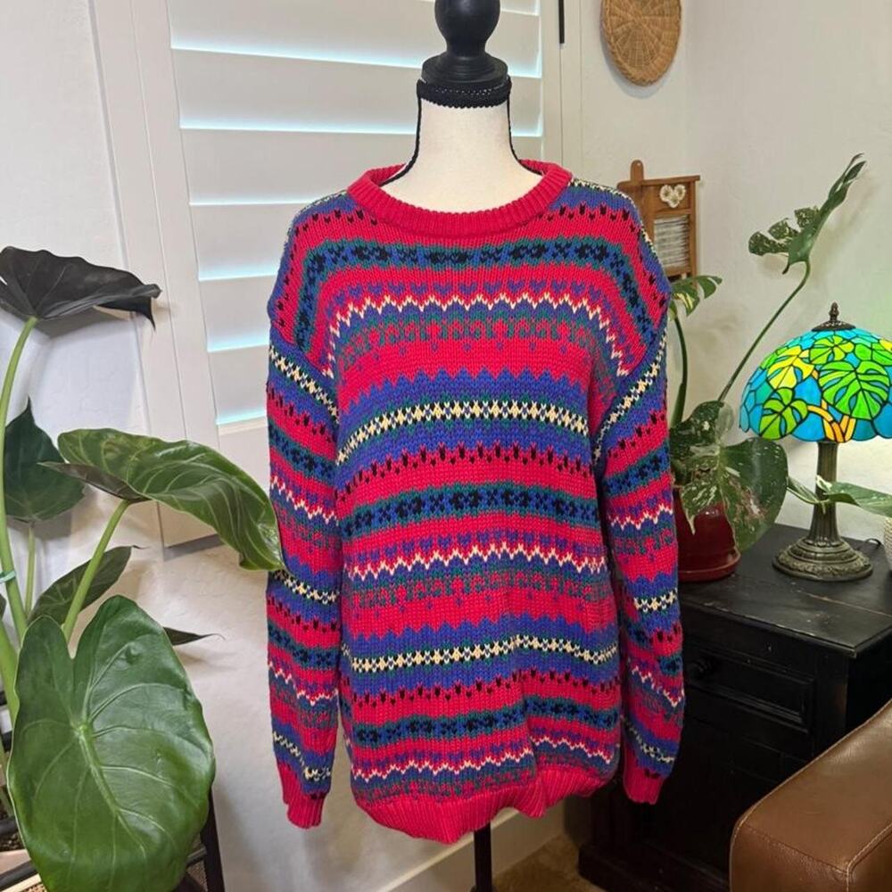 Vintage Heirlooms Fair Isle Sweater 100% Cotton Oversized Multicolor Medium